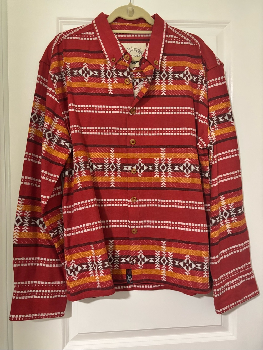 Men's Red Patterned Casual Button-Down Shirt - Southwestern Stripe